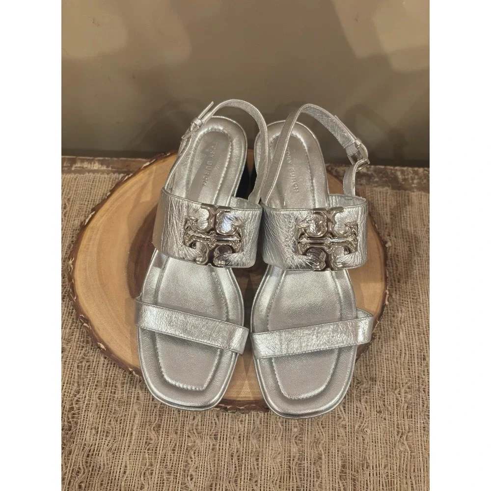 TORY BURCH METALLIC‎ Silver LEATHER Eleanor Block HEEL Sandals 7.5 349$